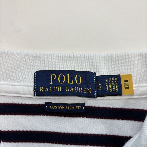Polo Ralph Lauren Custom Slim Fit Mens Large White Blue Stripe Short Sleeve Polo - Picture 5 of 6